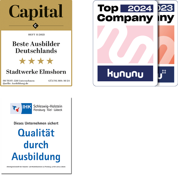 Siegel: Beste Ausbilder Deutschland von Capital und Top Company 2023 und 2024 von Kununu und Qualität durch Ausbildung von der IHK Schleswig-Holstein