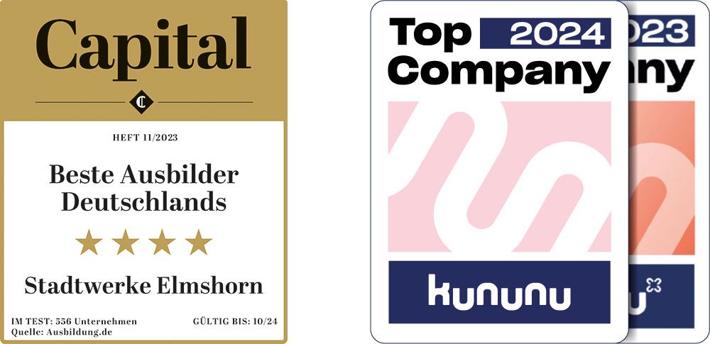 Siegel: Beste Ausbilder Deutschland von Capital und Top Company 2023 und 2024 von Kununu
