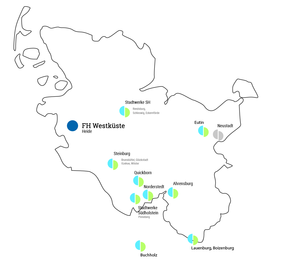 Karte mit Studienplätzen für das Duale Studium bei den Stadtwerken in Schleswig-Holstein
